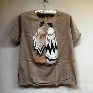 Silver Stream LTDA Womens Gauze Cotton Graphic Top Small Brown Short Sleeve